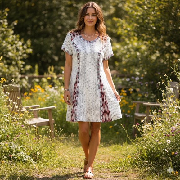 THML Western Boho Embroidered Dress M White Burgundy Red Casual Short Sleeves - Picture 11 of 11